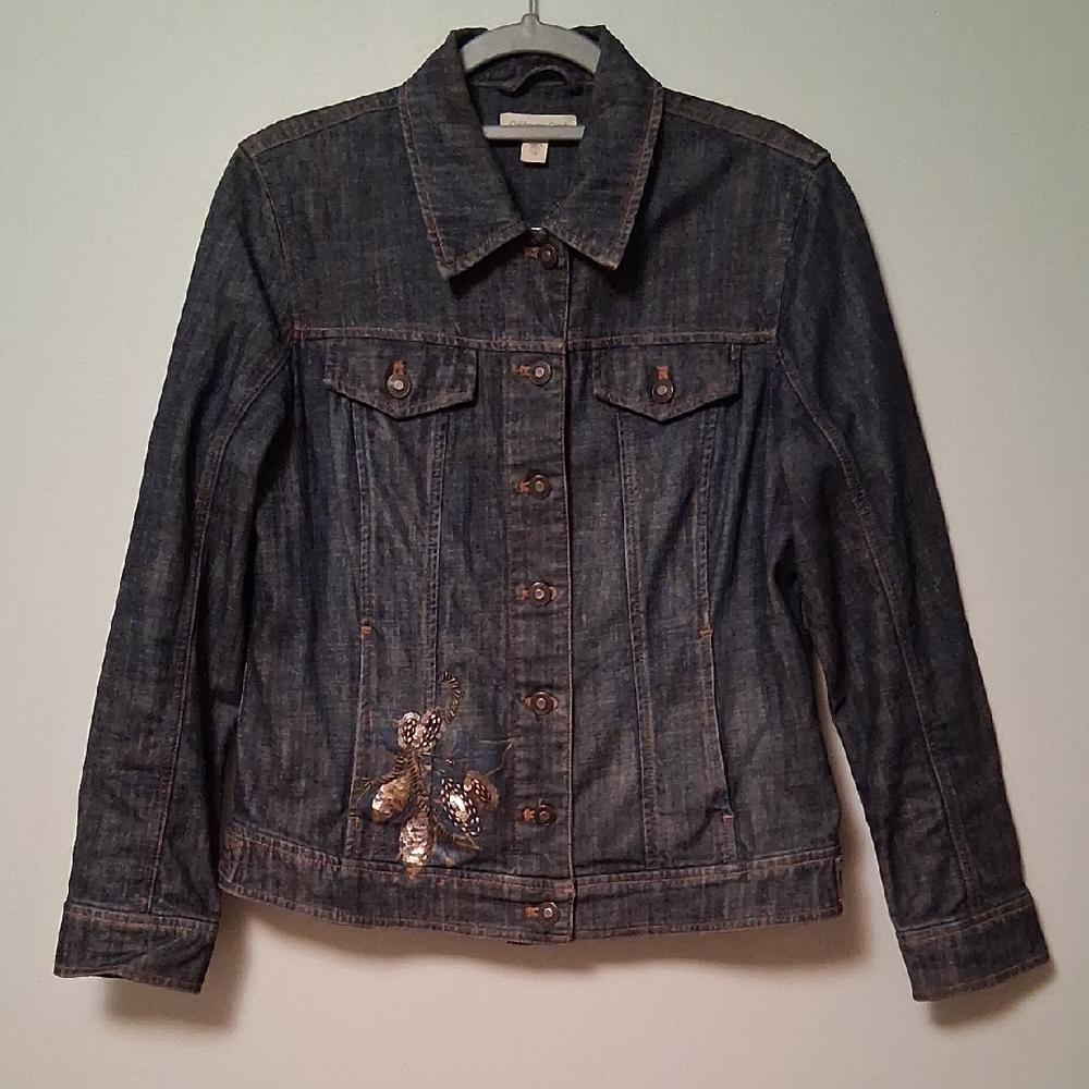 Coldwater Creek Women’s Sequin Beaded Denim Jacket Dark Wash Size 10